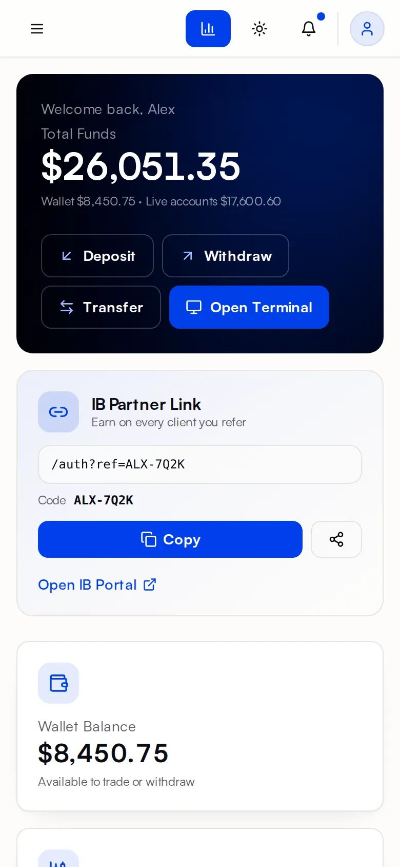 The AlphaFX Pro portal on a phone